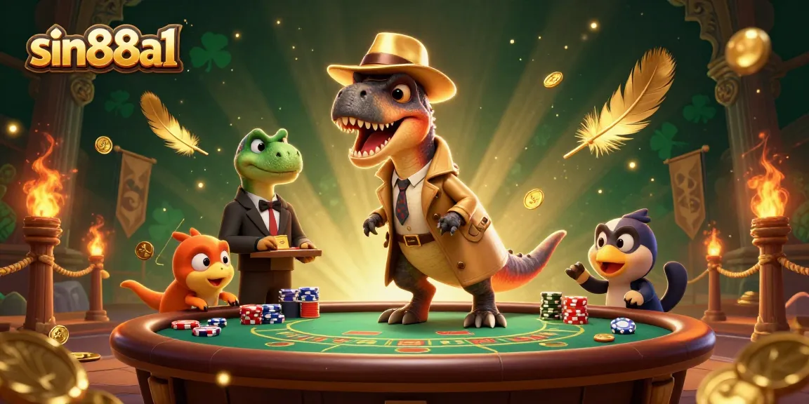 Experience thrilling blackjack action with sin88a1, featuring a cartoon velociraptor and casino elements.
