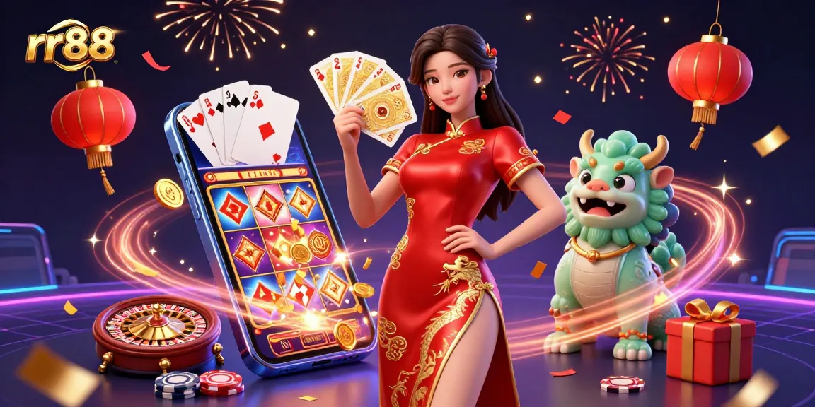 The rr88 scene showcases a woman in a qipao dress holding playing cards, surrounded by dynamic casino elements.