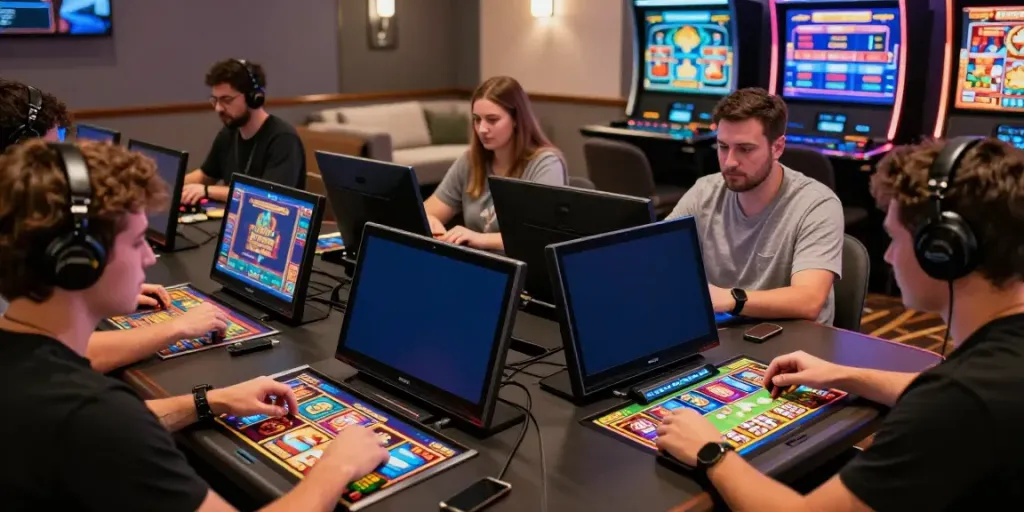 Bro138 players enjoying responsive slot games on various devices in a digital casino environment.