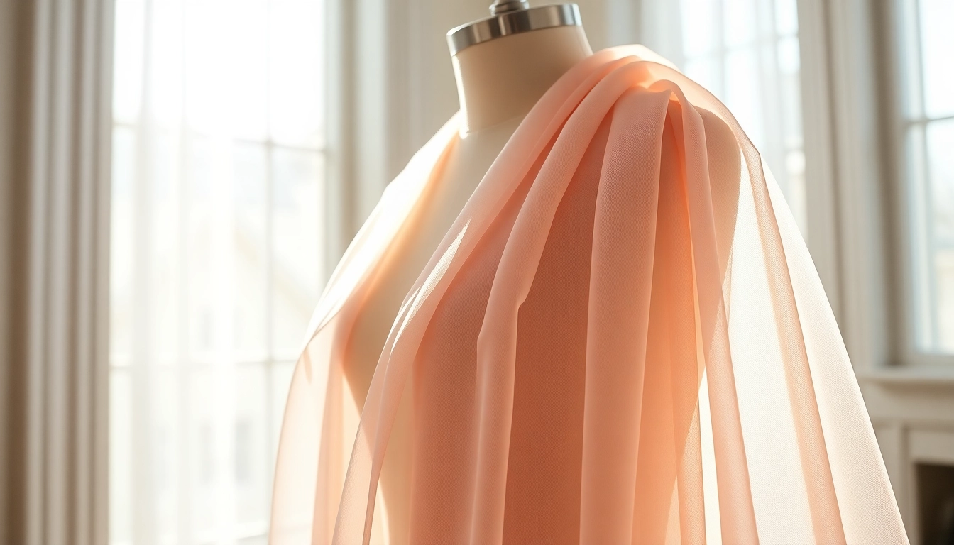 Chiffon stof prachtig gedrapeerd over een vintage mannequin in een lichte setting.