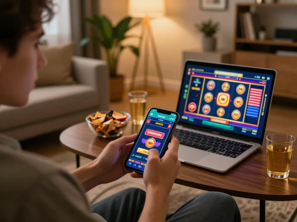 Player enjoying FUN 79 mobile casino experience with vibrant game interface and cozy home setting.