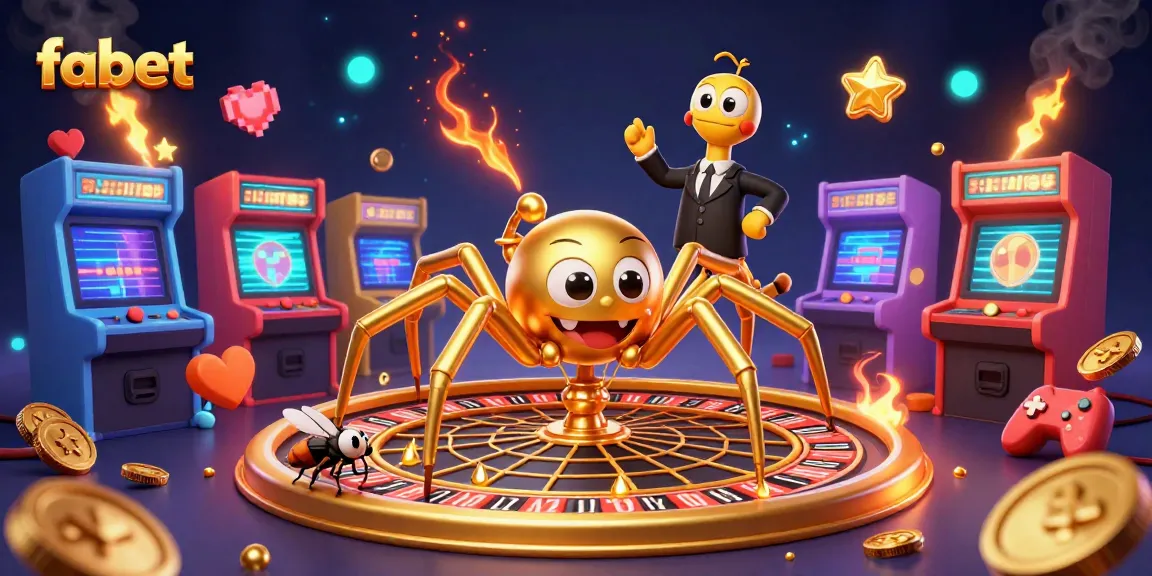 Experience thrilling bets at fabet with a golden spider and croupier in a vibrant casino scene.