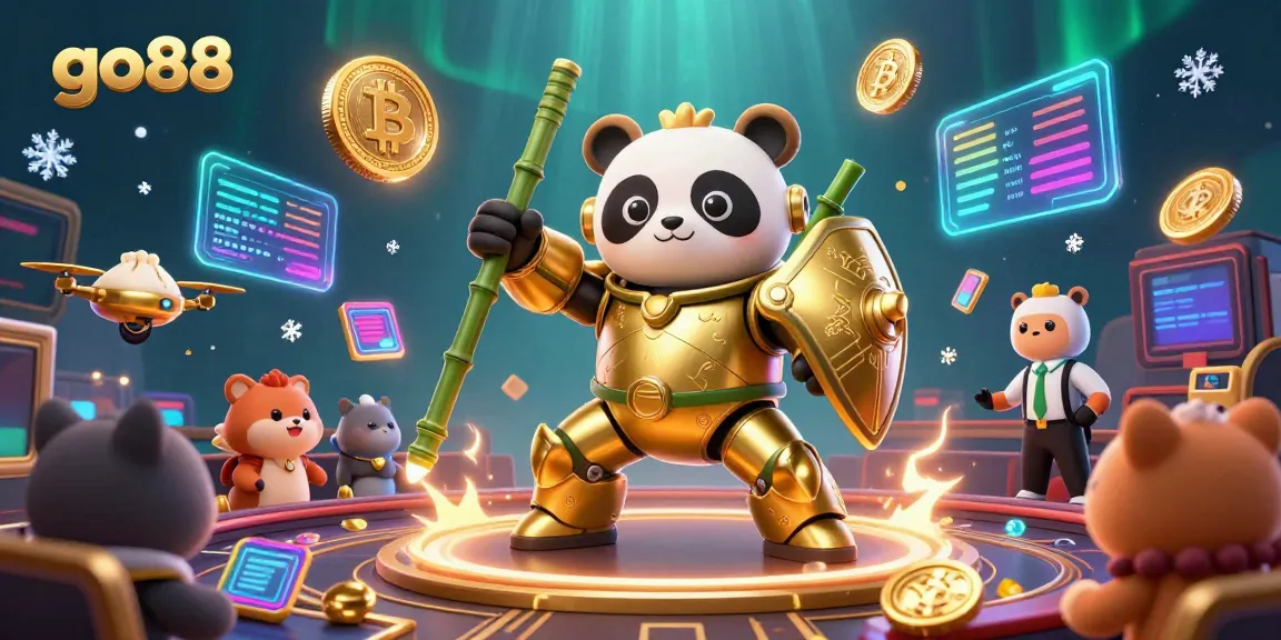 Experience the excitement of go88 with a thrilling 3D casino scene featuring a mech-suit panda and crypto elements.