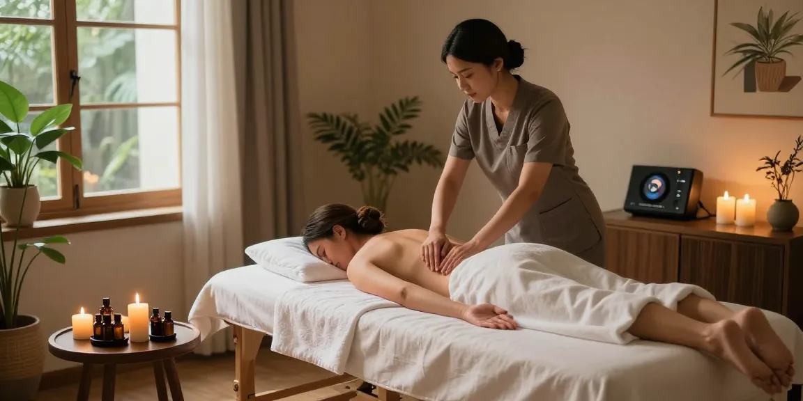Professional massage therapist providing 시흥출장안마 at a serene home spa setting with calming ambiance.