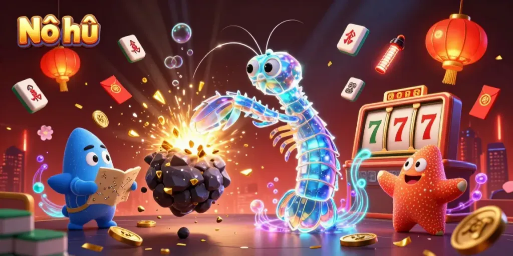 Nổ hũ game action with a galactic samurai shrimp bursting through an asteroid showering gems and coins