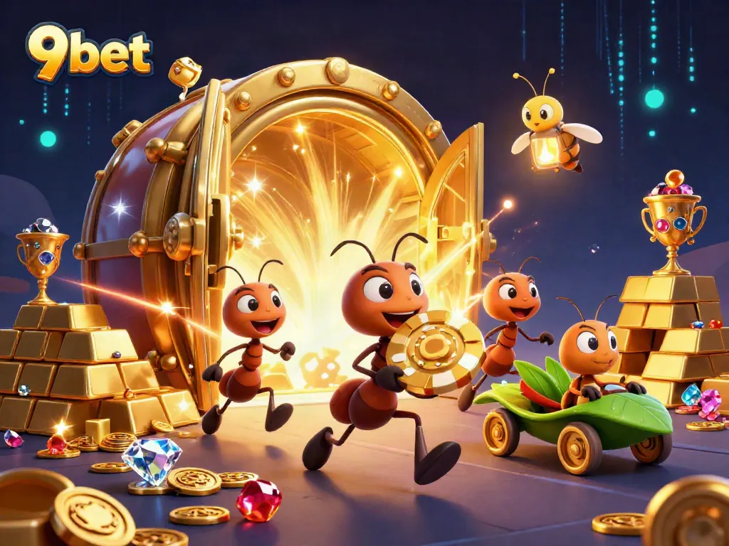 Engage with the thrilling world of 9bet as cartoon ants carry a giant golden poker chip, illuminating the scene with diamond gems and treasures.
