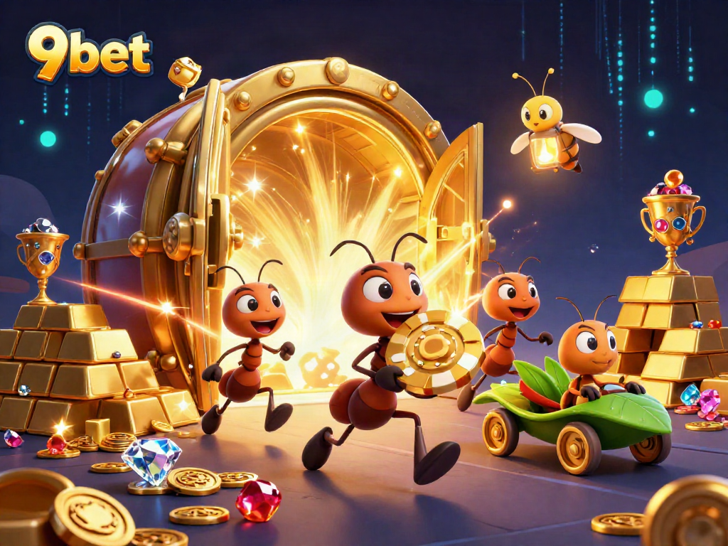 Engage with the thrilling world of 9bet as cartoon ants carry a giant golden poker chip, illuminating the scene with diamond gems and treasures.