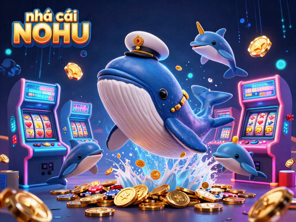 Experience the excitement of nhà cái NOHU with a whale, narwhal, and dolphins amidst coins and games.