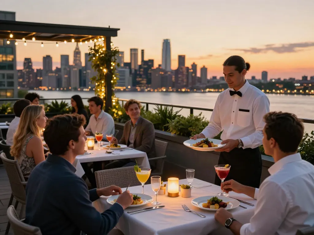 NoHu rooftop bar with guests enjoying cocktails and gourmet dishes against a stunning sunset skyline.