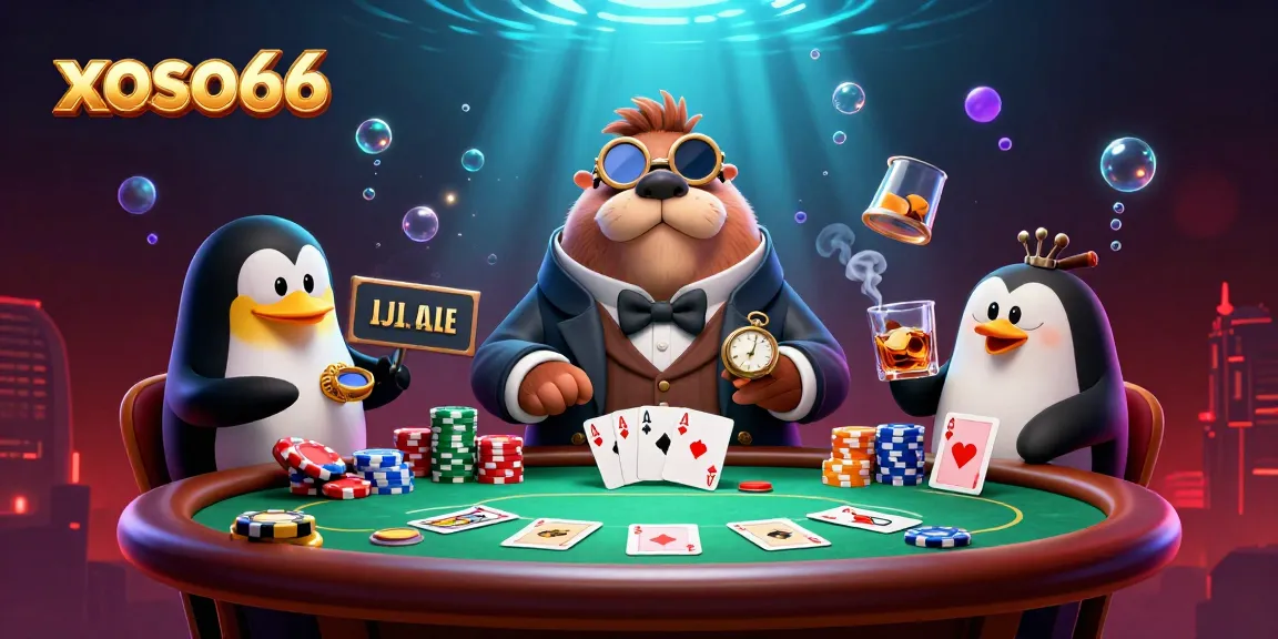 Play poker at xoso66 with a jolly walrus and sophisticated dealer in an underwater setting.