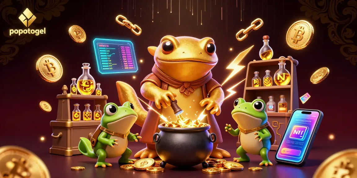 Engage with popotogel's thrilling online slots through a vibrant gold-filled alchemical scene.