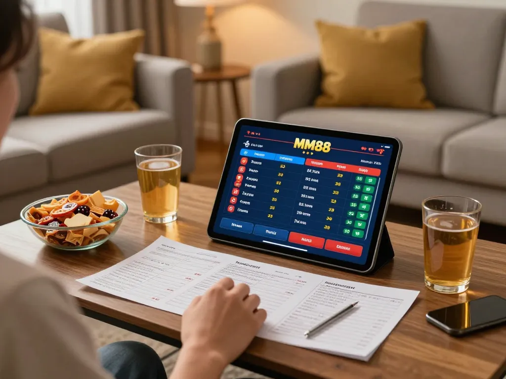 Engaging in MM88 sports betting from a cozy home setting with vibrant tablet display.