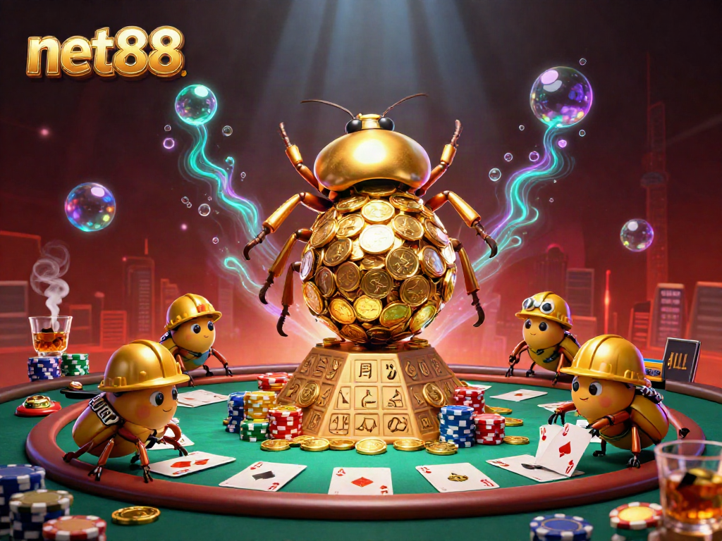 Experience the captivating world of net88 with a golden beetle and poker elements in action.