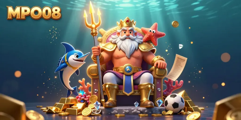 Experience the thrill of betting on sports with MPO08, featuring Neptune and vibrant gambling elements.