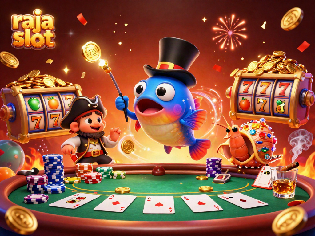 Experience thrilling raja slot gameplay with vibrant symbols and animated casino characters.