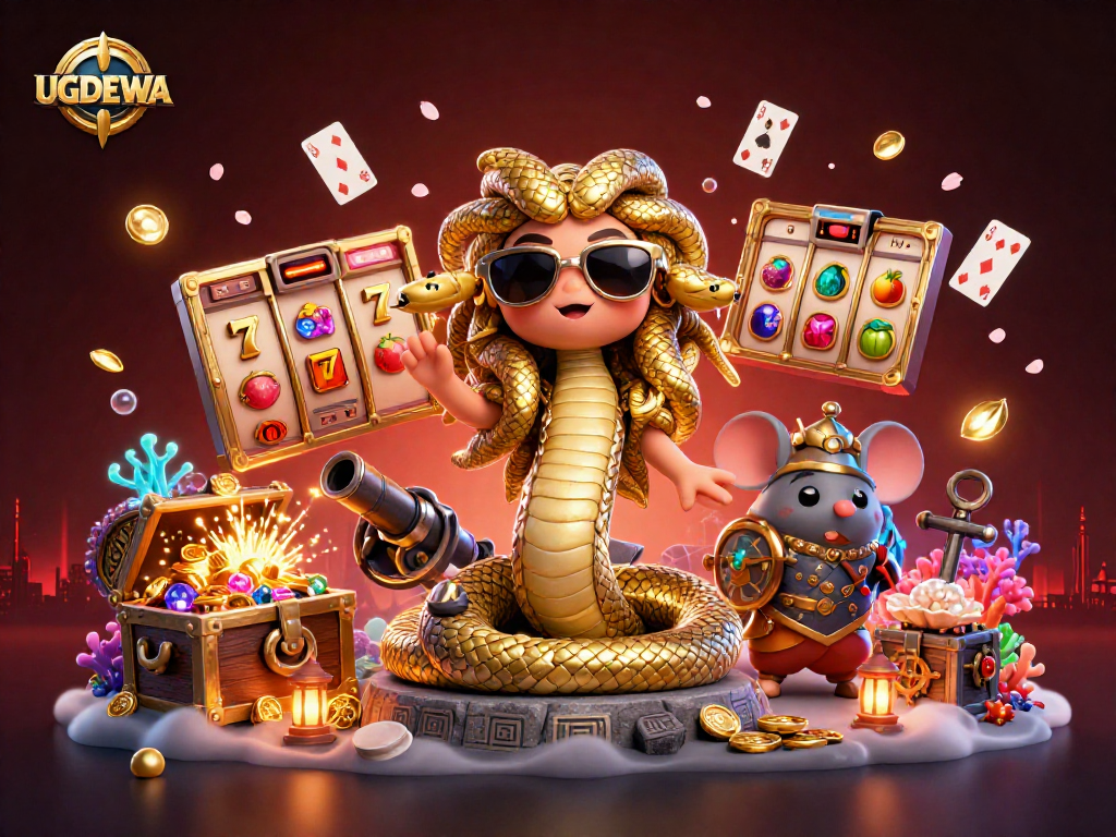 Join the excitement of UGDEWA as Medusa and a warrior mouse spin slot reels in a vibrant casino scene.