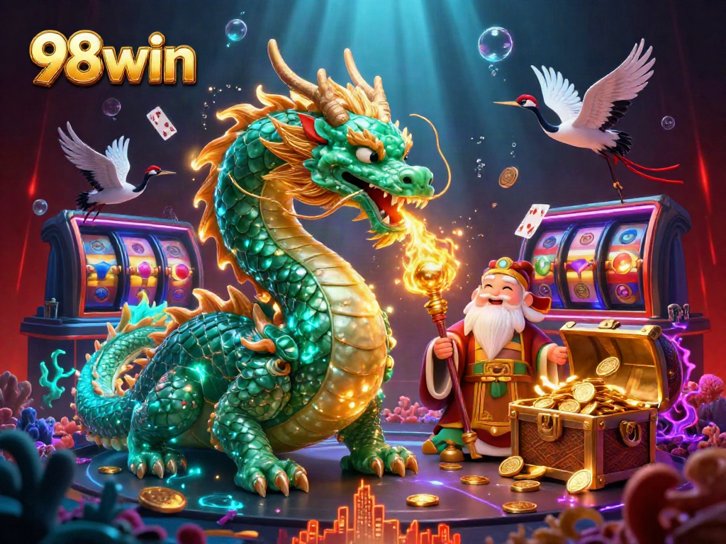 Experience thrilling action with slot games and winning opportunities at 98win illustrated with vibrant elements.