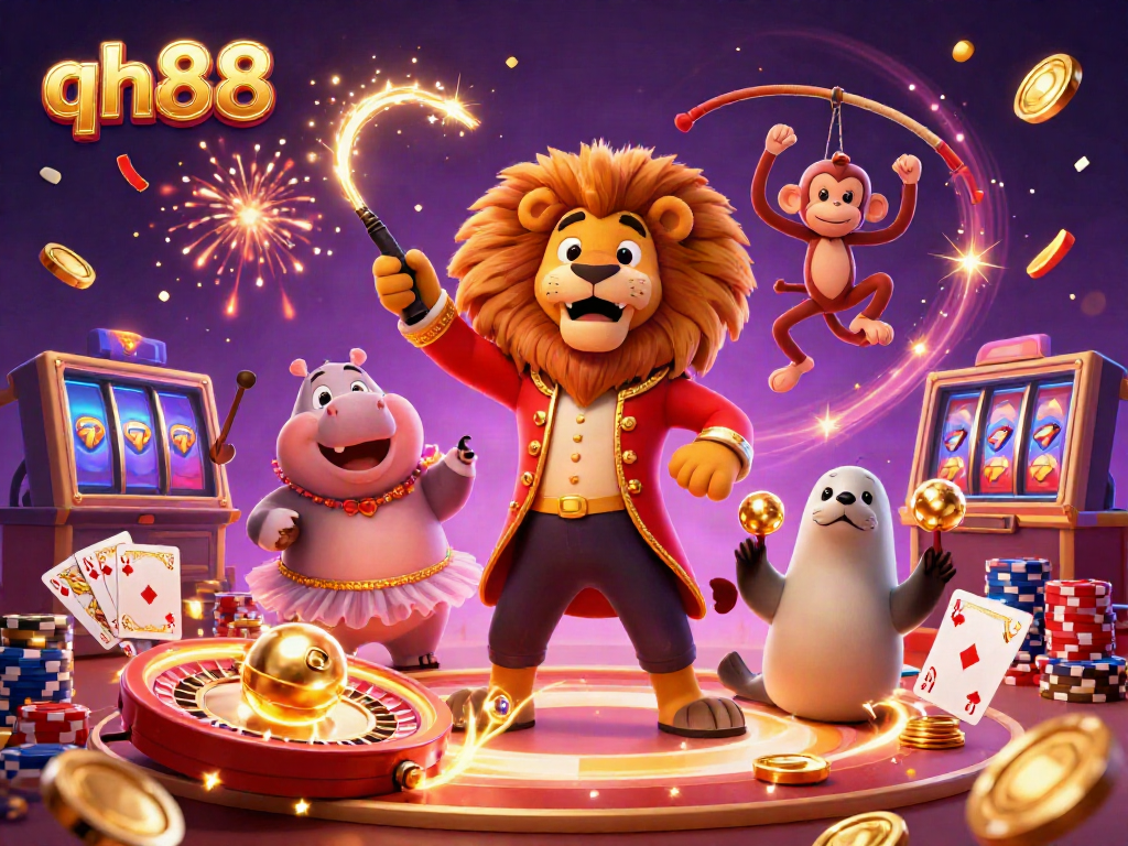 Experience the excitement of qh88 as our circus-themed casino illustration captivates players with vibrant games.