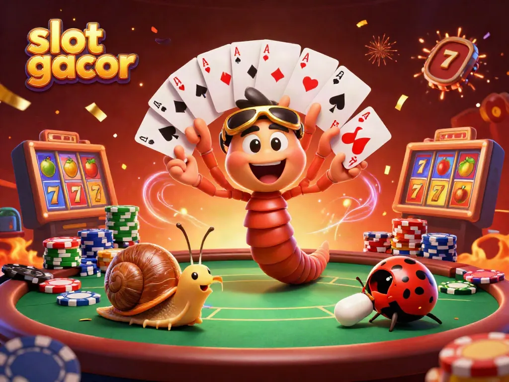 Engage with the excitement of slot gacor as a cartoon millipede dealer manages cards amidst celebration and vibrant casino elements.