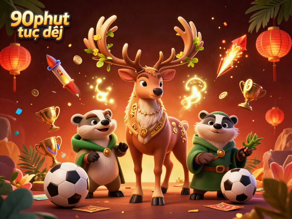 A vibrant illustration showcasing 90phut trực tiếp with a Celtic druid stag and wise badger amidst sports elements, capturing dynamic gambling excitement.
