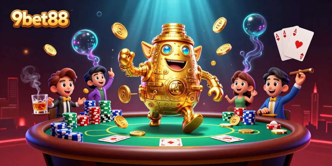 Engage with 9bet88, showcasing a vibrant 3D golden golem amidst poker elements in a casino atmosphere