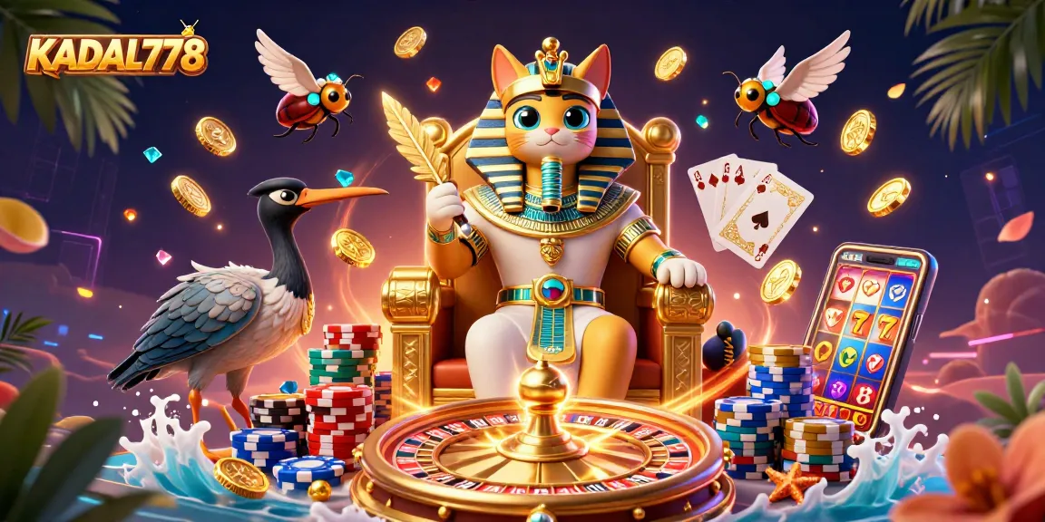 KADAL778 offers a vibrant scene depicting exciting games with a pharaoh cat and gold elements in a casino atmosphere.