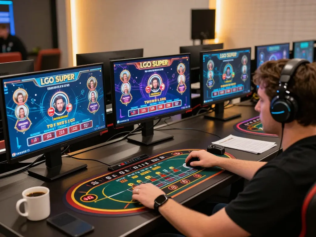 Engaging with LGO SUPER online casino games on a multi-screen setup, highlighting strategic gameplay.