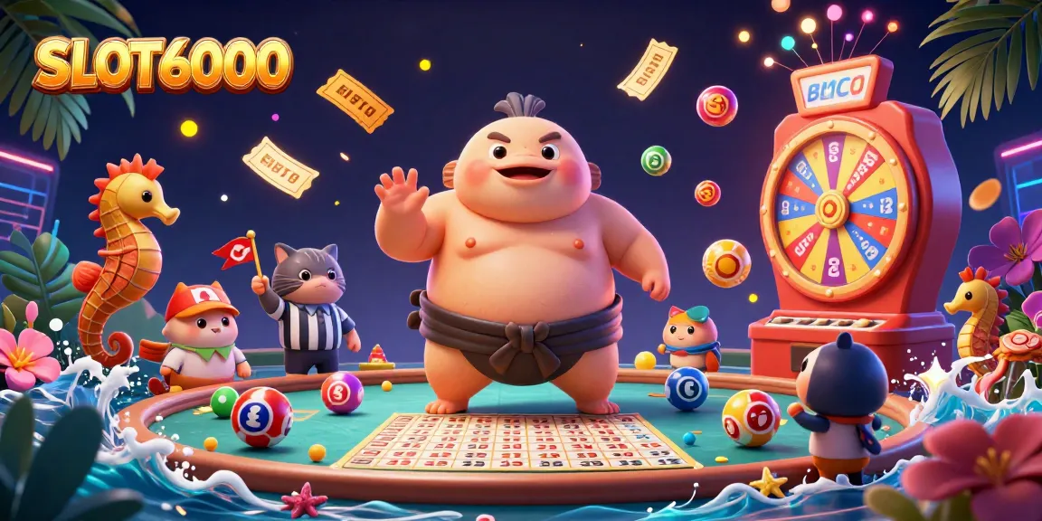 SLOT6000 engages gamblers with a vibrant underwater scene featuring a giant fugu in a sumo belt, lottery balls, and a prize wheel.
