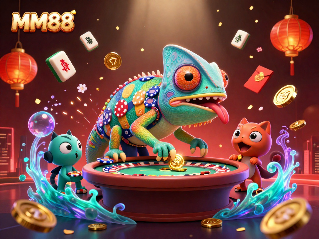 Engage at MM88 with vibrant casino elements and the lively chameleon owner.