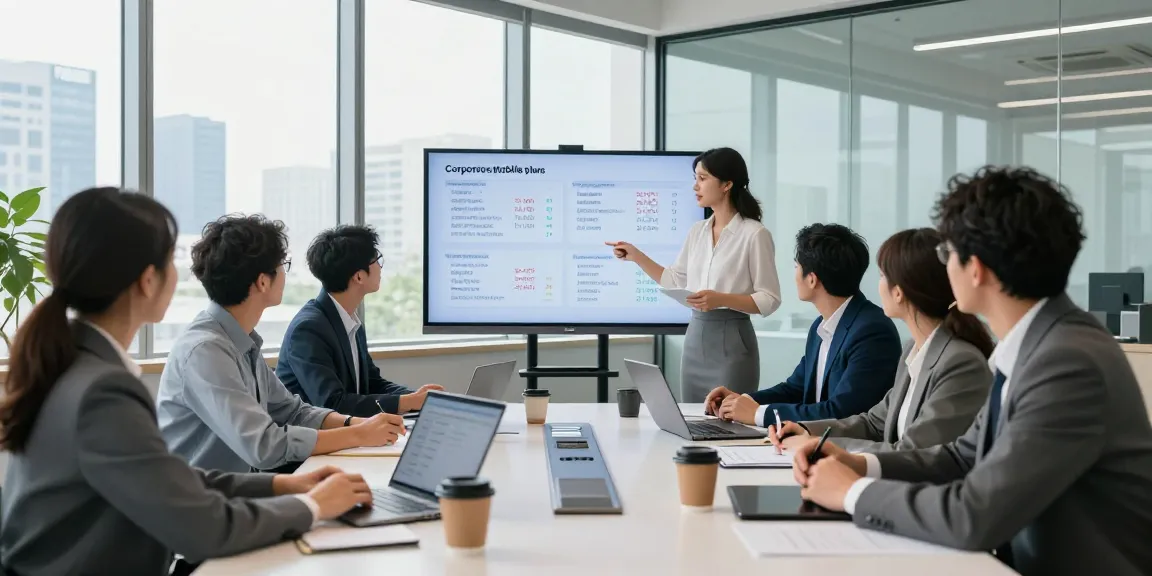 Corporate mobile plans UK presentation in a modern business office with a diverse team collaborating.