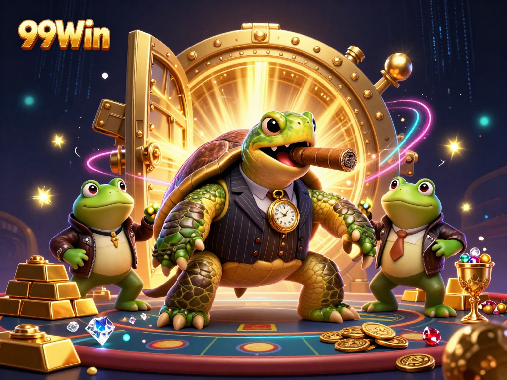 Engage with 99Win's dynamic gaming scene led by a turtle in a mobster suit amid a treasure-filled atmosphere.
