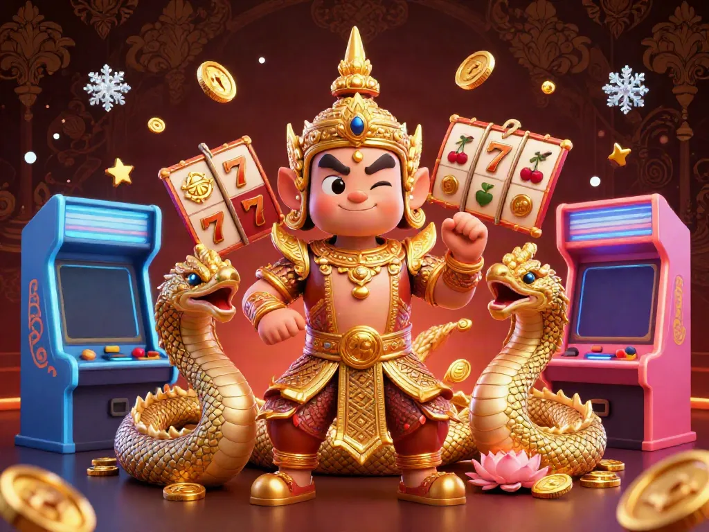 Engage in thrilling slots at zbet with a vibrant 3D illustration of a guardian and Naga companions.