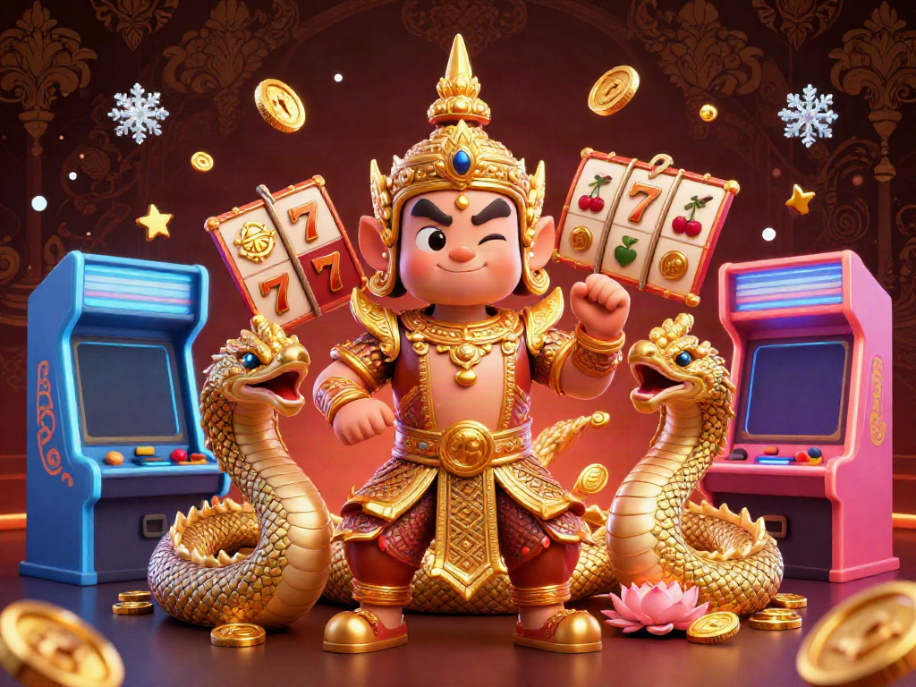Engage in thrilling slots at zbet with a vibrant 3D illustration of a guardian and Naga companions.