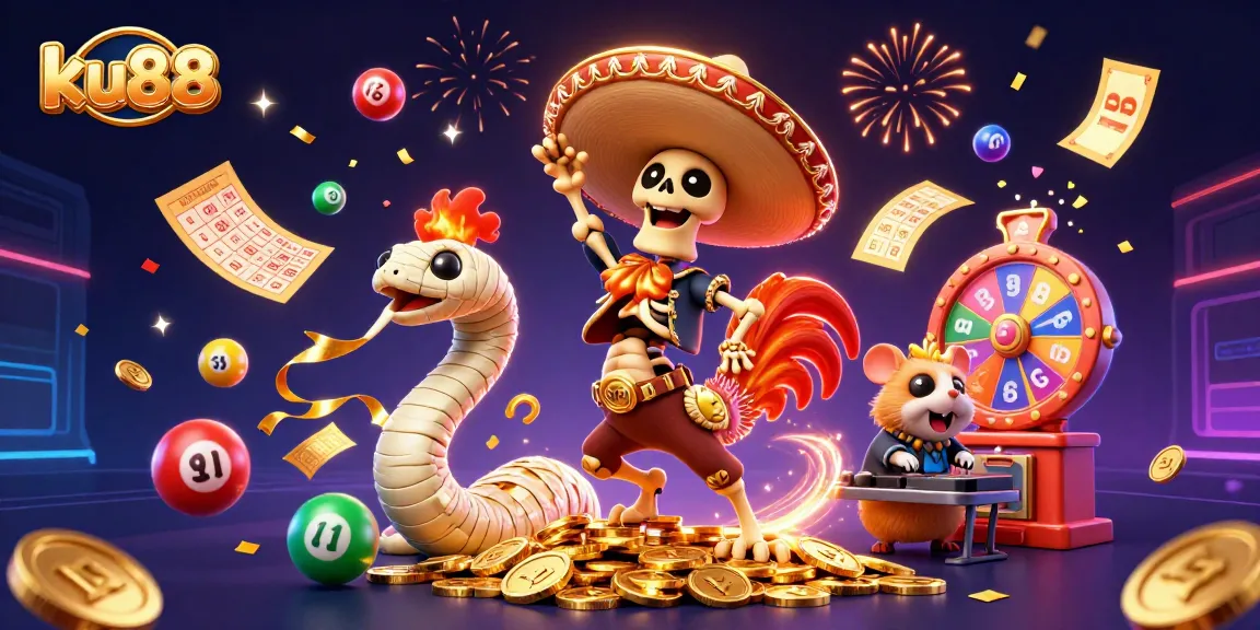 ku88 showcases a vibrant casino scene with skeleton mariachi and golden lottery elements.