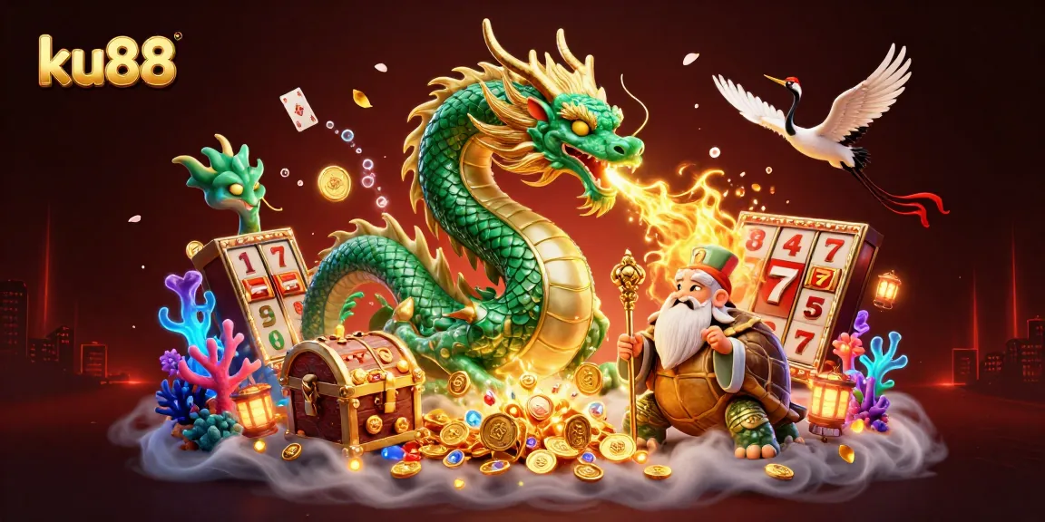 ku88 showcases a vibrant dragon and cranes in a dynamic casino environment filled with colorful slots.