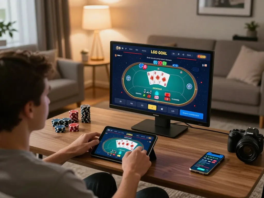 LGO GOAL online poker gameplay on tablet, showcasing dynamic betting options and player engagement in a cozy setting.