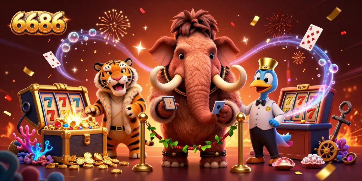 Experience winning at 6686 with a vibrant, dynamic casino scene showcasing a mammoth bouncer and slot games.