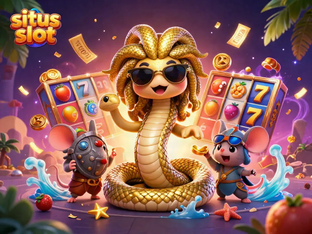 Engaging Medusa and warrior mouse in a vibrant situs slot-themed illustration with animated elements.