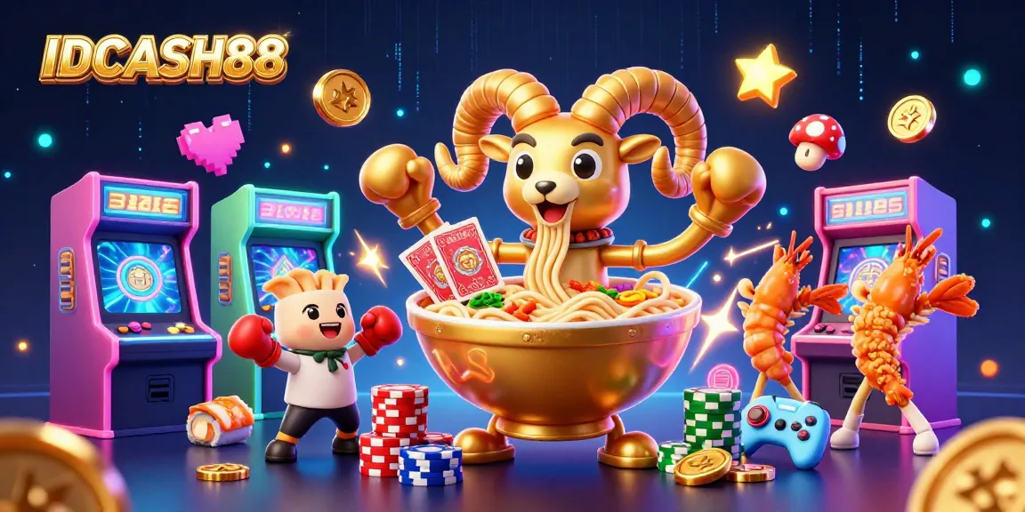 Play exciting games at IDCASH88 with giant ramen bowl dealer surrounded by colorful arcade elements.