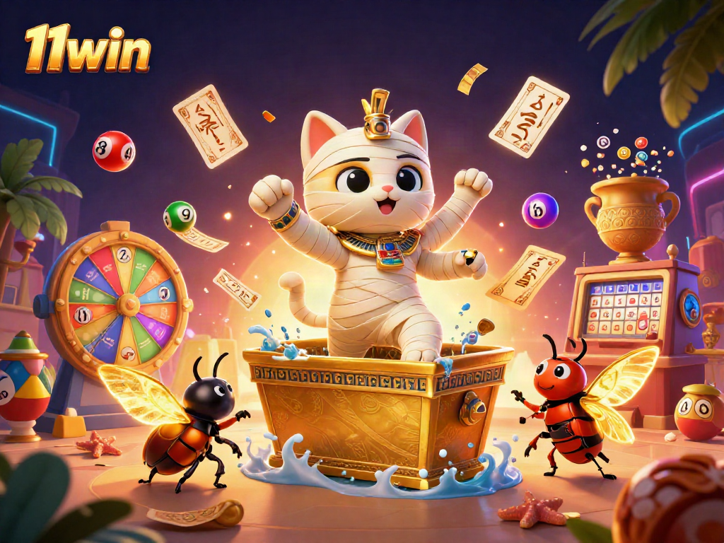 Experience the thrill of 11win casino with a dynamic 3D scene featuring an Egyptian mummy cat and captivating elements.