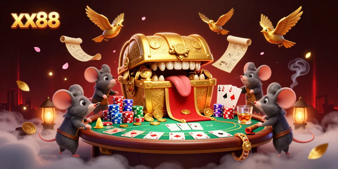 Experience the thrill of xx88 with a vibrant, action-packed casino scene featuring poker elements and a treasure chest.