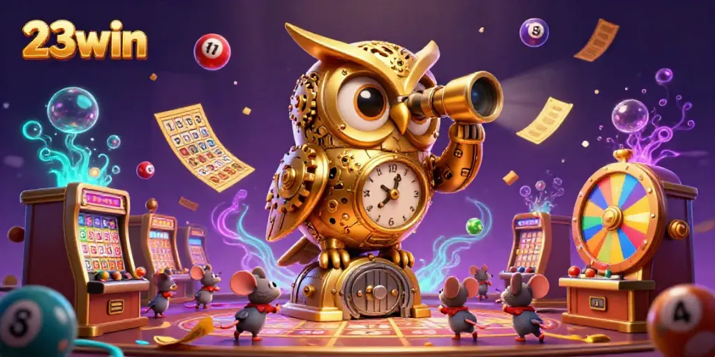 Engage in thrilling gaming with 23win's vibrant illustration featuring a clockwork owl on a casino floor.