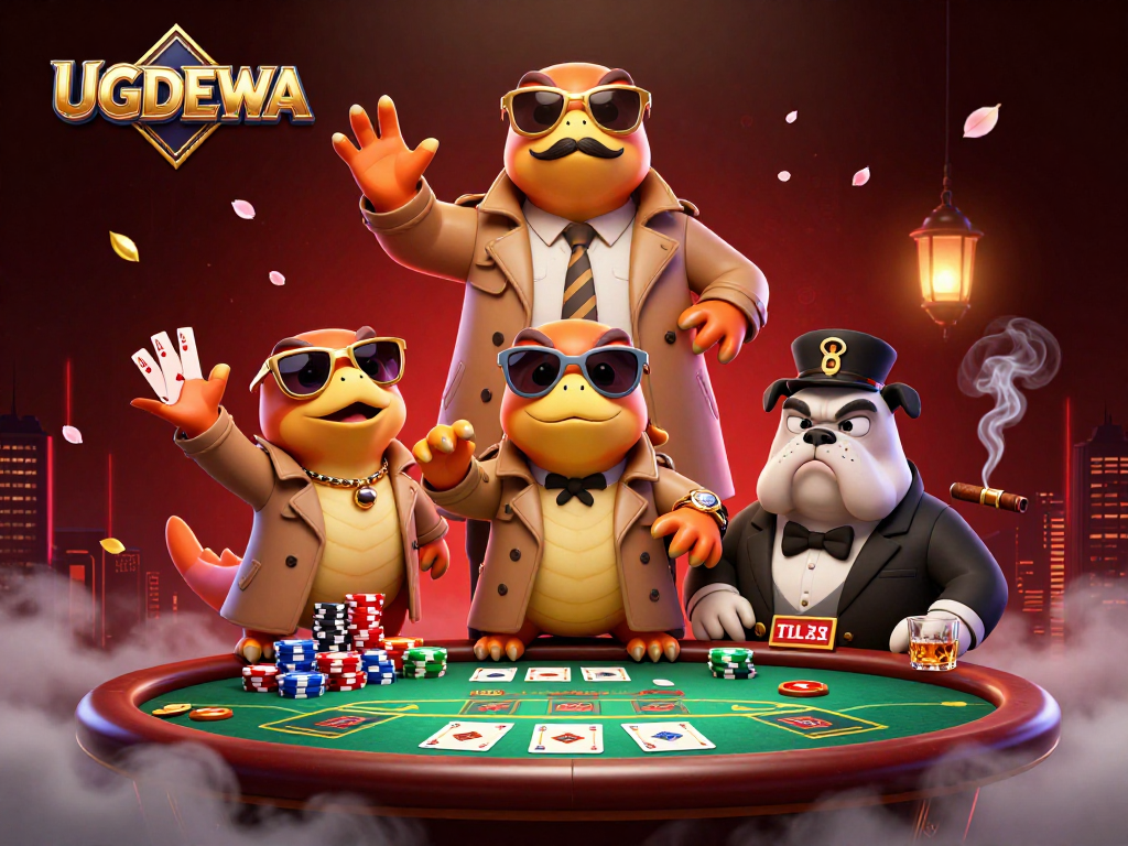 UGDEWA raptors in a trench coat enter a casino, showcasing poker chips and aces.