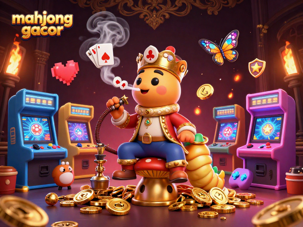 Experience mahjong gacor in a vibrant casino scene with a caterpillar and game elements.