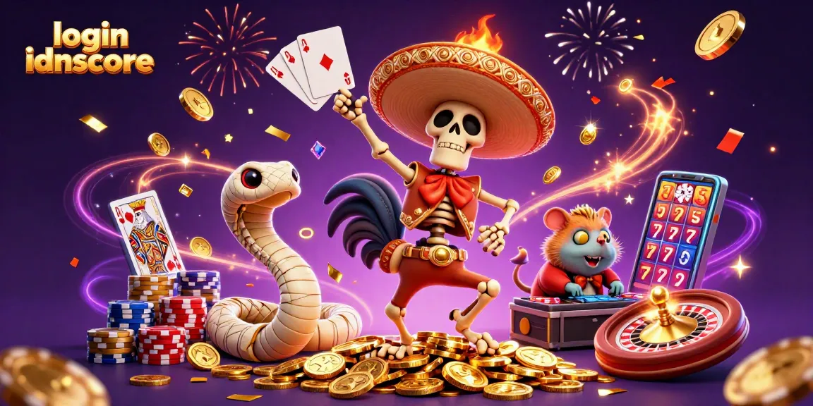 Join the celebration at login idnscore with vibrant casino characters dancing among golden coins and sparkling gems.