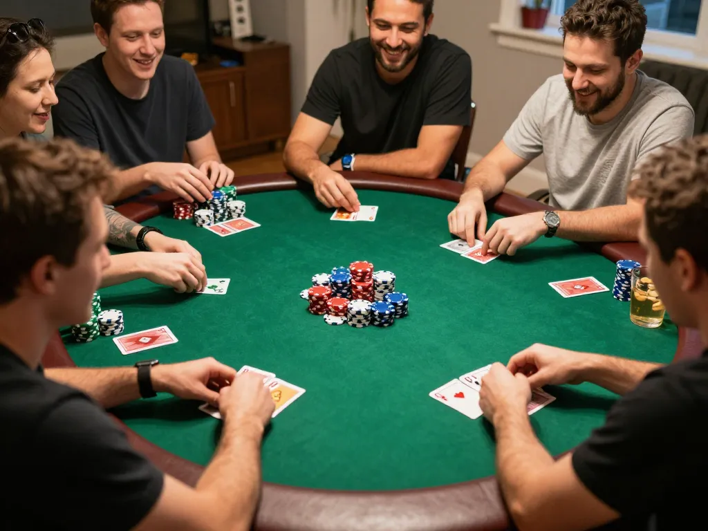 The engaging poker game scene at a home gathering showcasing maxpoker88 with friends strategizing bets and enjoying drinks.