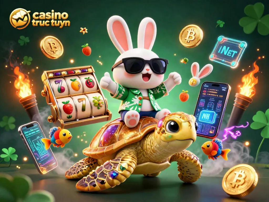 Chơi web casino trực tuyến thú vị với chú thỏ may mắn và rùa vàng đính kim cương.