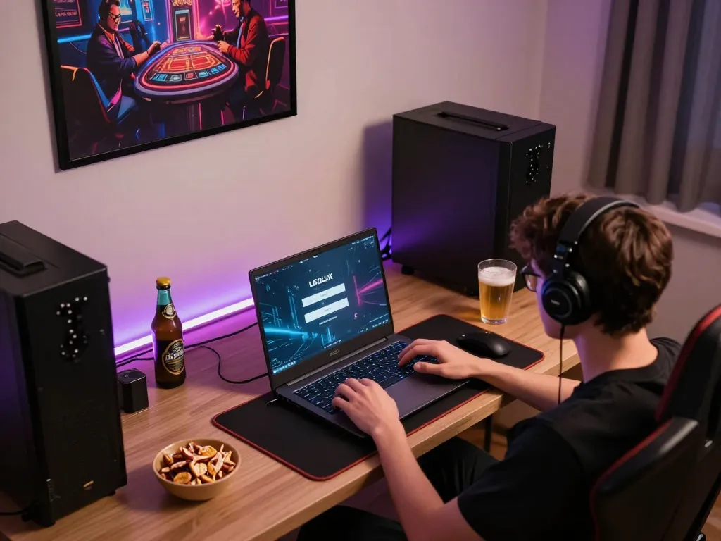 Accessing the LGOLUX LOGIN screen on a laptop in a cozy gaming setup.