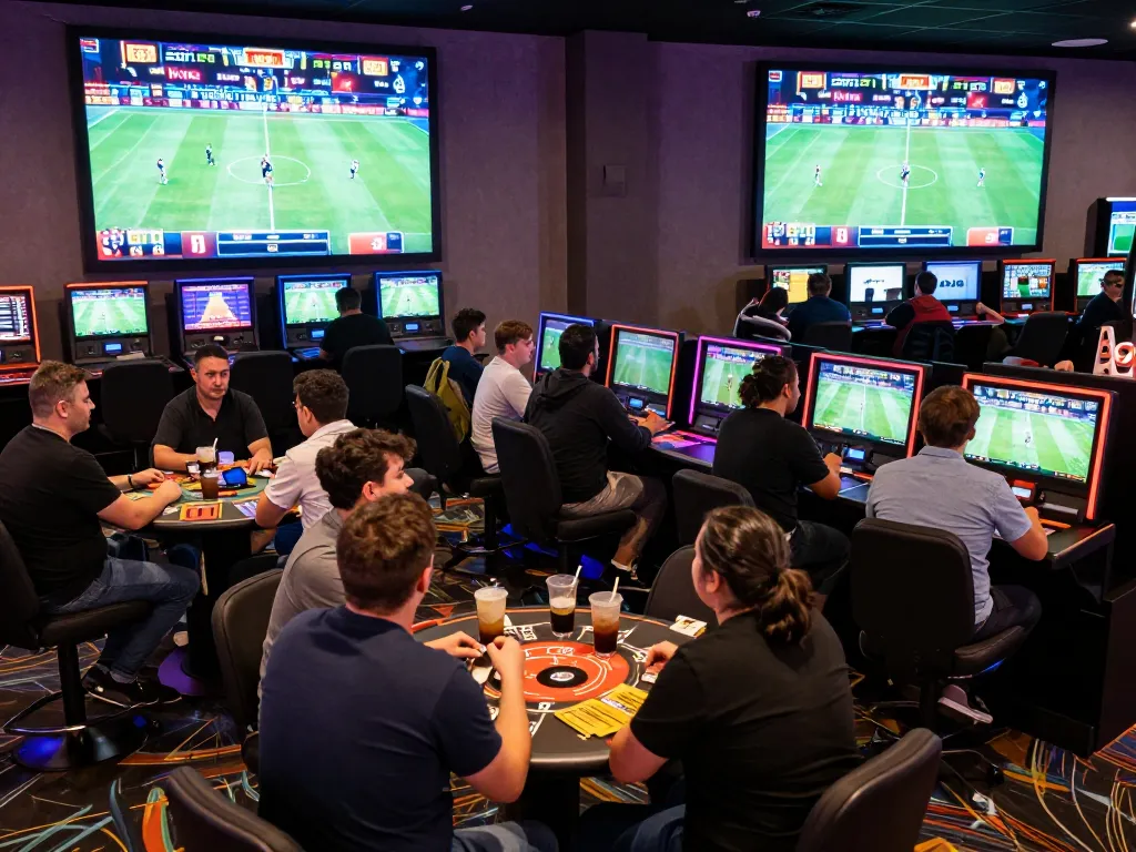 Exciting sports betting scene at bustling casino showcasing take2 actions with diverse bettors actively engaging in live games.
