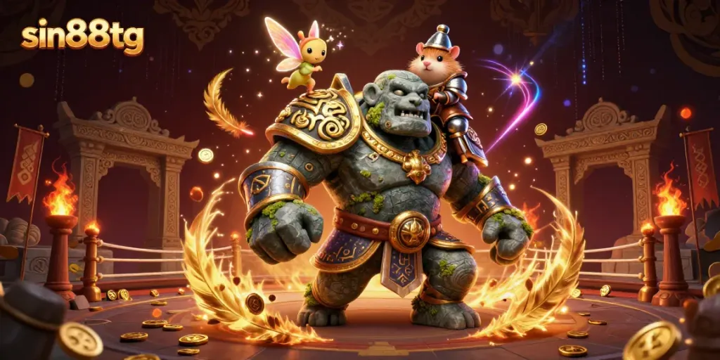 Experience the magic of sin88tg with a dynamic scene depicting a golem guardian, a fairy casting spells, and a hamster knight amid gold coins and betting tokens.
